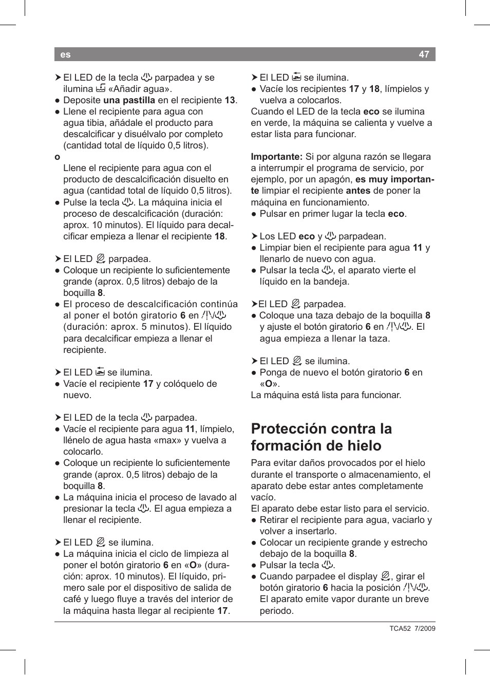 Protección contra la formación de hielo | Bosch TCA 5201 User Manual | Page 51 / 100