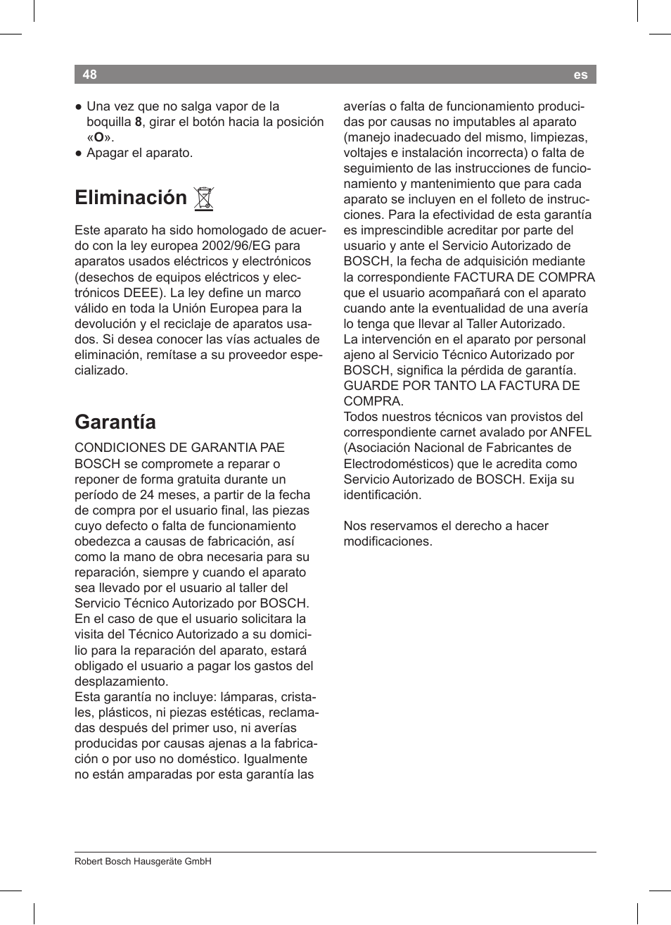Eliminación, Garantía | Bosch TCA 5201 User Manual | Page 52 / 100