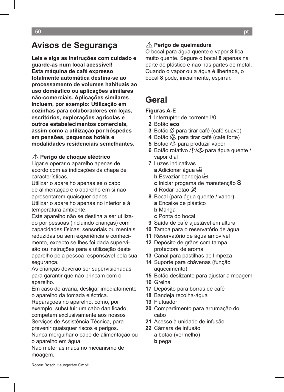 Avisos de segurança, Geral | Bosch TCA 5201 User Manual | Page 54 / 100