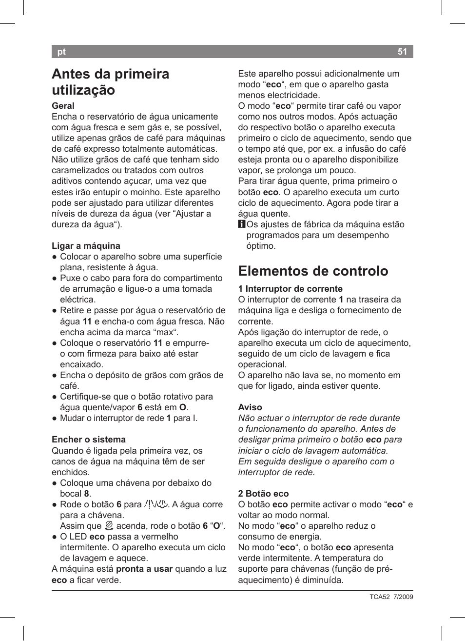 Antes da primeira utilização, Elementos de controlo | Bosch TCA 5201 User Manual | Page 55 / 100