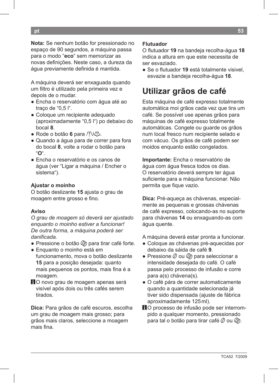 Utilizar grãos de café | Bosch TCA 5201 User Manual | Page 57 / 100