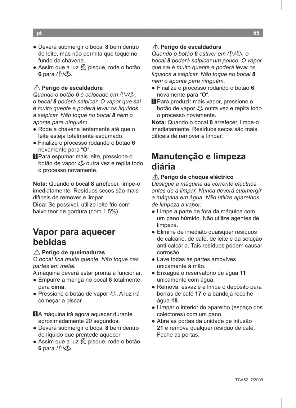 Vapor para aquecer bebidas, Manutenção e limpeza diária | Bosch TCA 5201 User Manual | Page 59 / 100