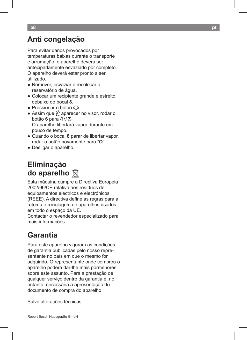 Anti congelação, Eliminação do aparelho, Garantia | Bosch TCA 5201 User Manual | Page 62 / 100