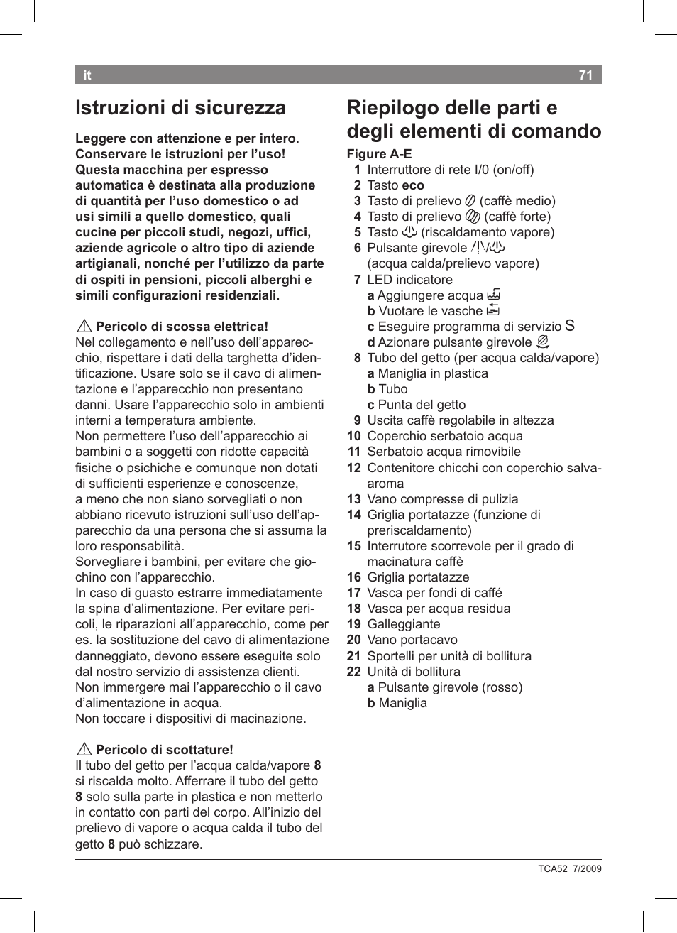 Istruzioni di sicurezza, Riepilogo delle parti e degli elementi di comando | Bosch TCA 5201 User Manual | Page 75 / 100