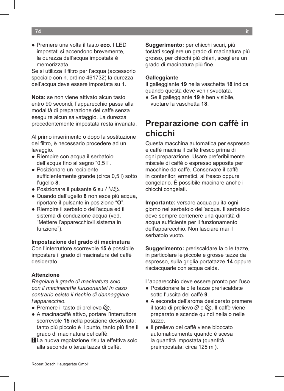 Preparazione con caffè in chicchi | Bosch TCA 5201 User Manual | Page 78 / 100