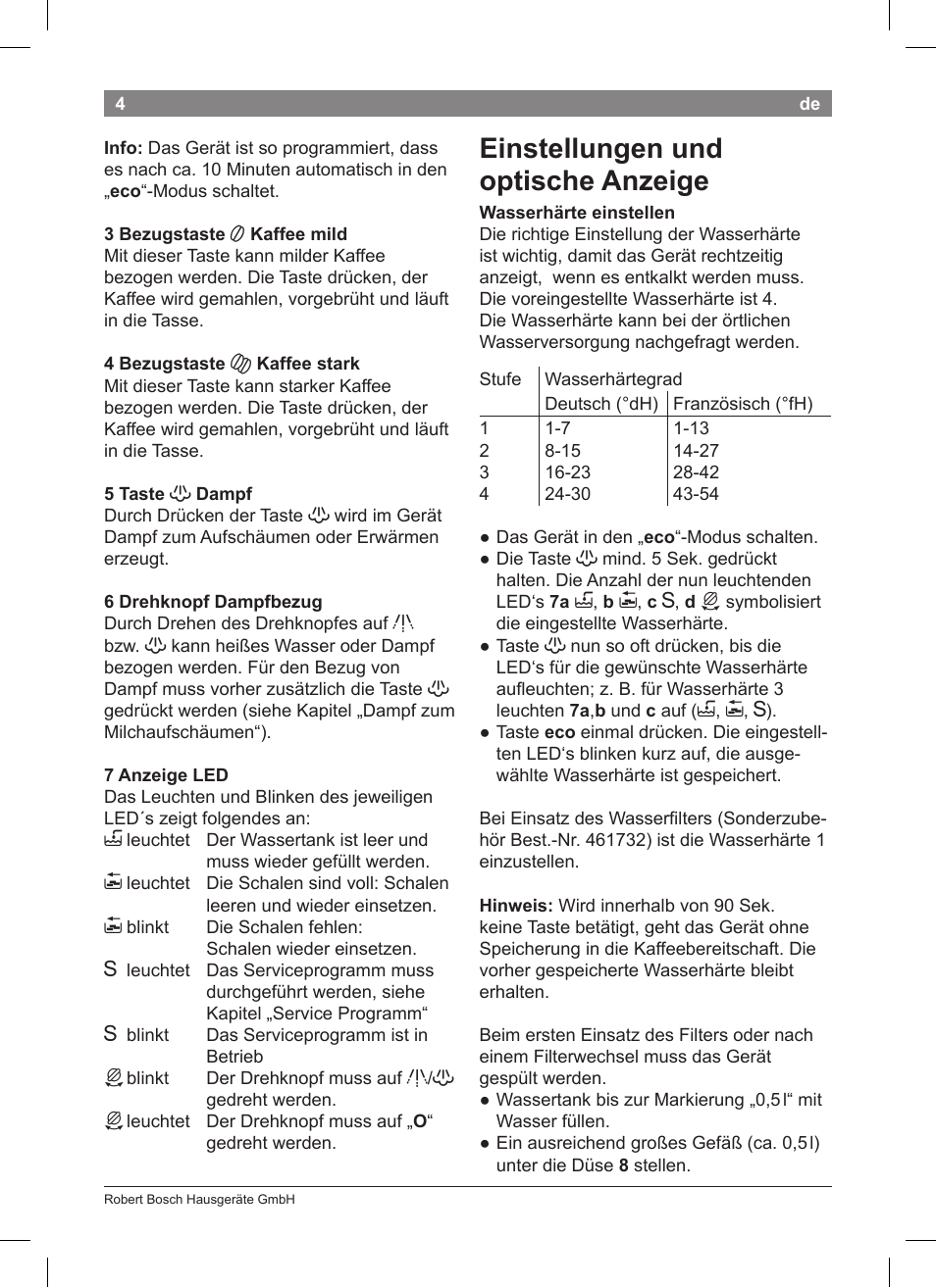 Einstellungen und optische anzeige | Bosch TCA 5201 User Manual | Page 8 / 100