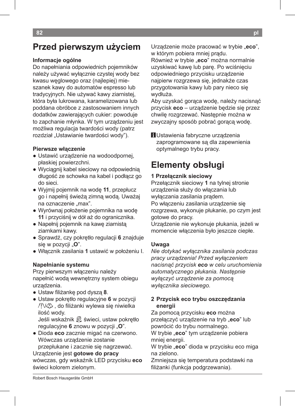Przed pierwszym u yciem, Elementy obsługi | Bosch TCA 5201 User Manual | Page 86 / 100
