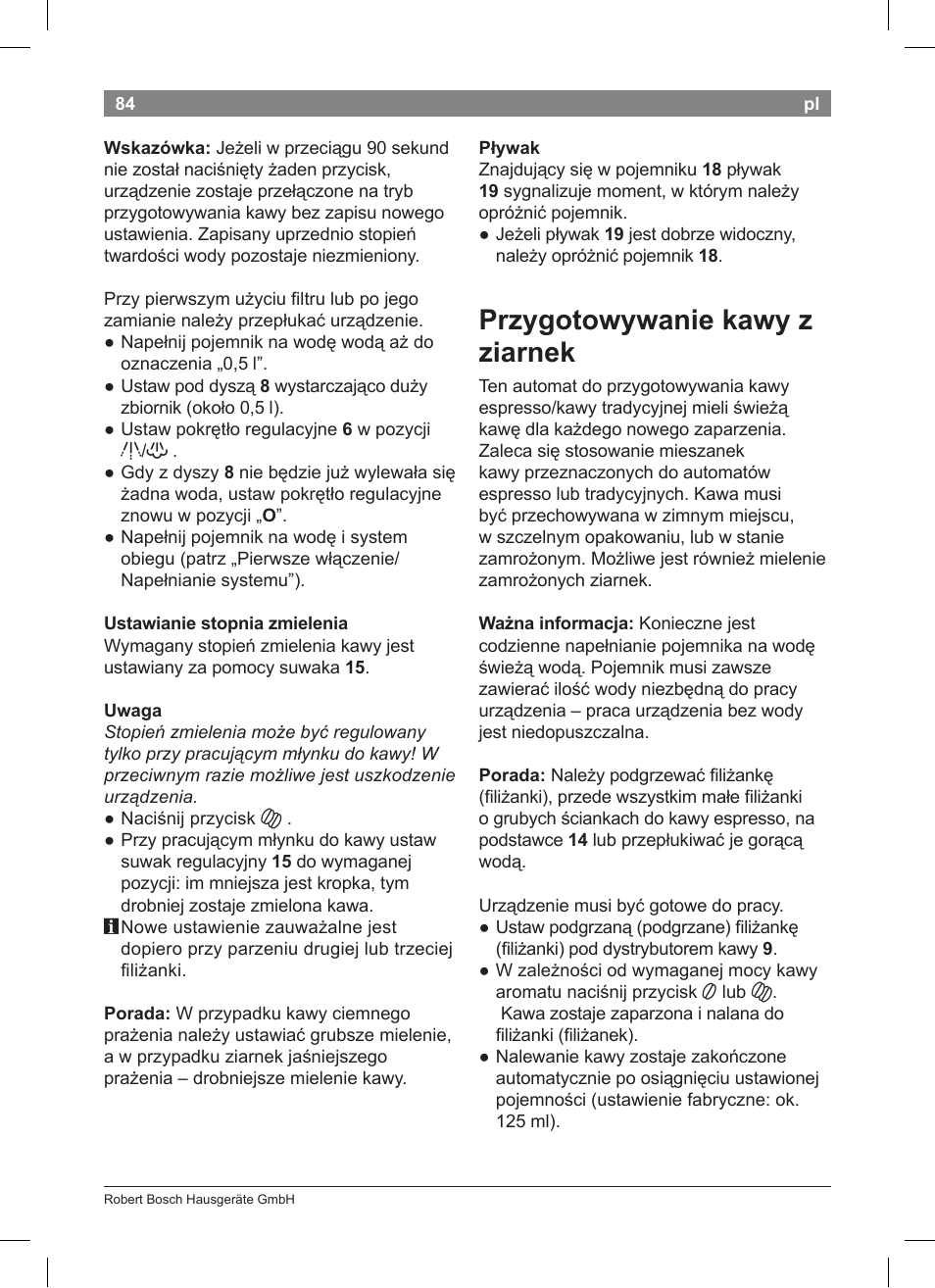 Przygotowywanie kawy z ziarnek | Bosch TCA 5201 User Manual | Page 88 / 100