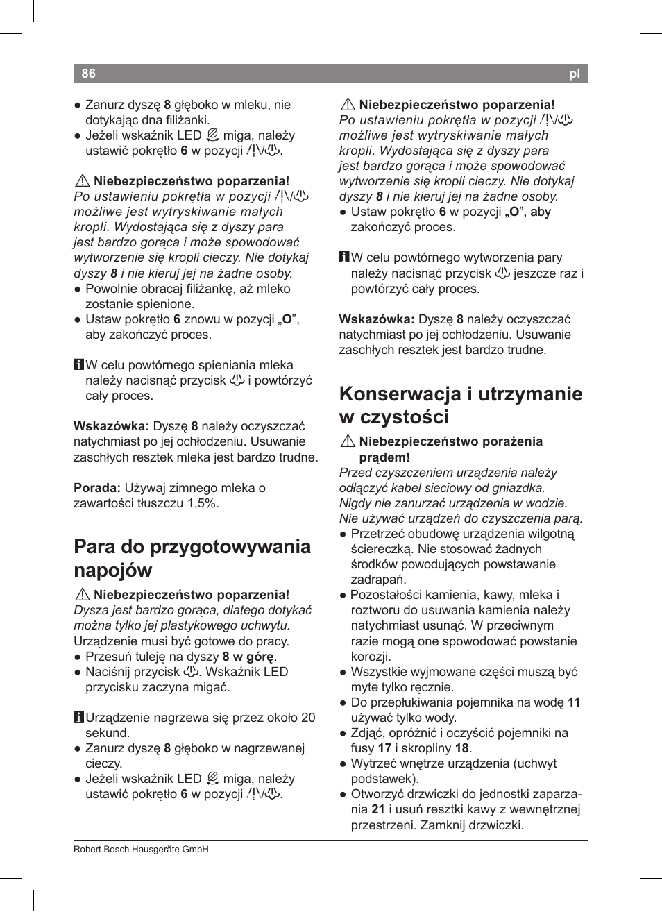 Para do przygotowywania napojów, Konserwacja i utrzymanie w czysto ci | Bosch TCA 5201 User Manual | Page 90 / 100