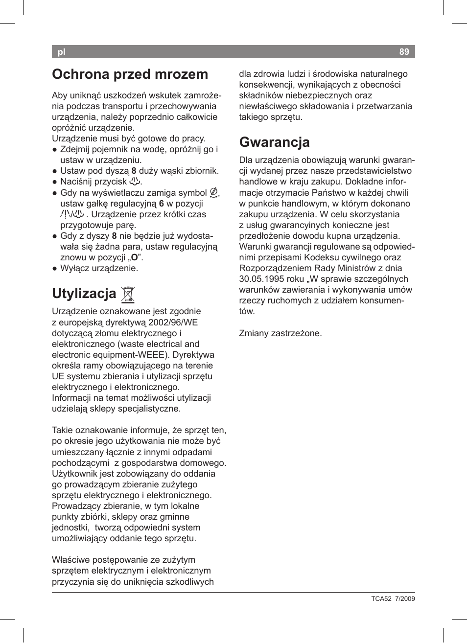 Ochrona przed mrozem, Utylizacja, Gwarancja | Bosch TCA 5201 User Manual | Page 93 / 100