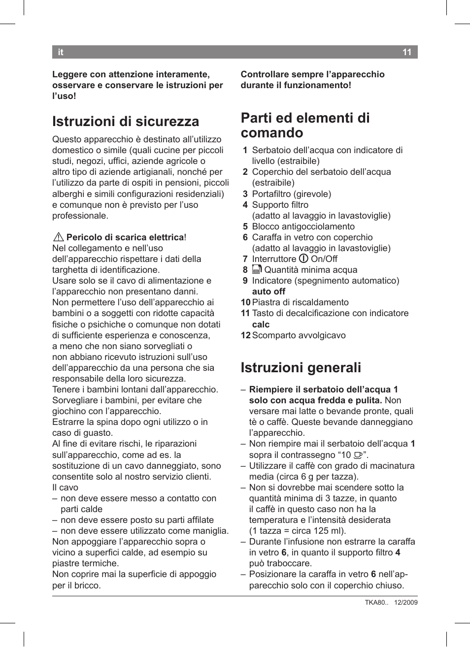 Istruzioni di sicurezza, Parti ed elementi di comando, Istruzioni generali | Bosch TKA8011 User Manual | Page 13 / 70