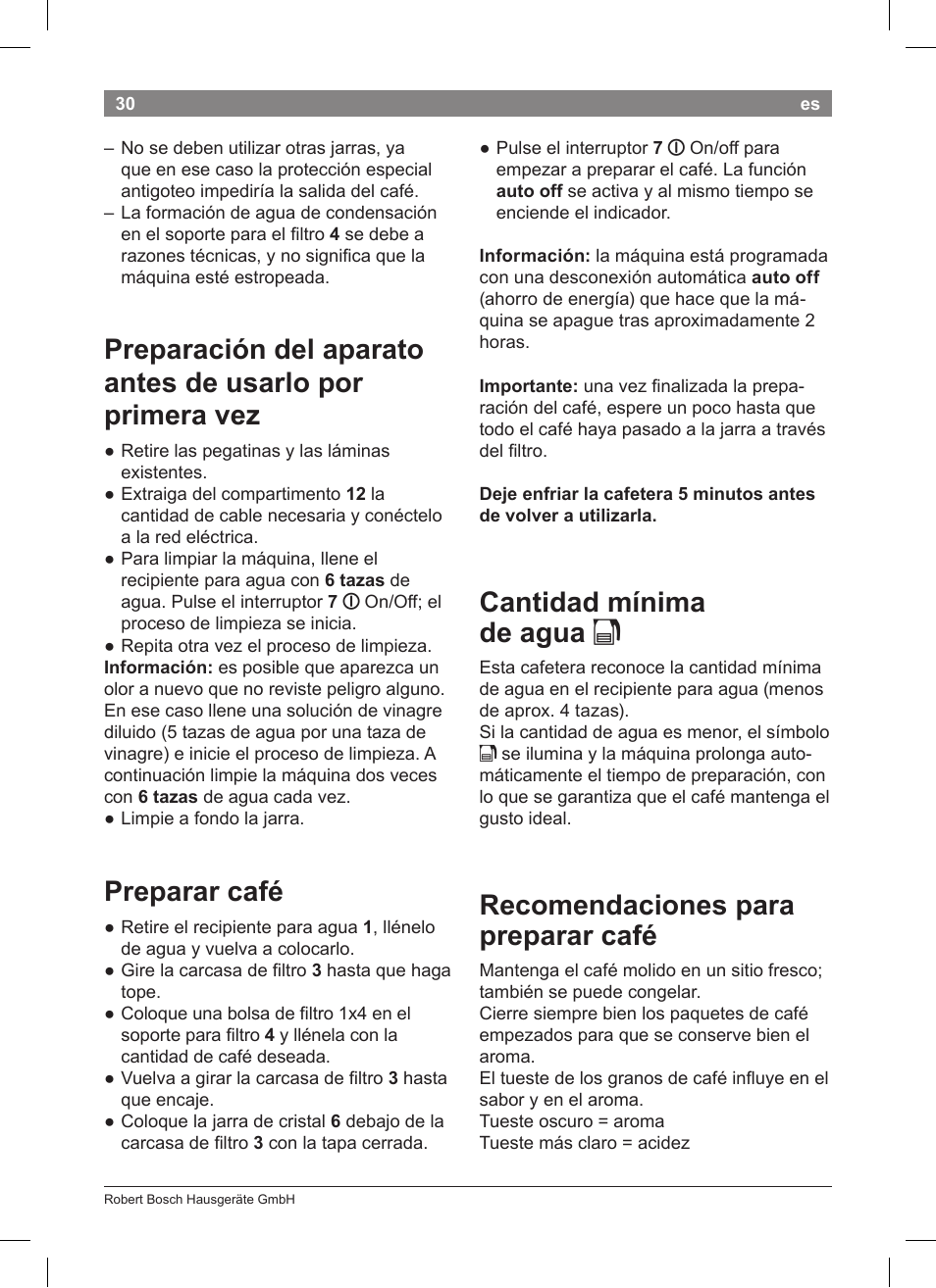 Preparar café, Cantidad mínima de agua k, Recomendaciones para preparar café | Bosch TKA8011 User Manual | Page 32 / 70