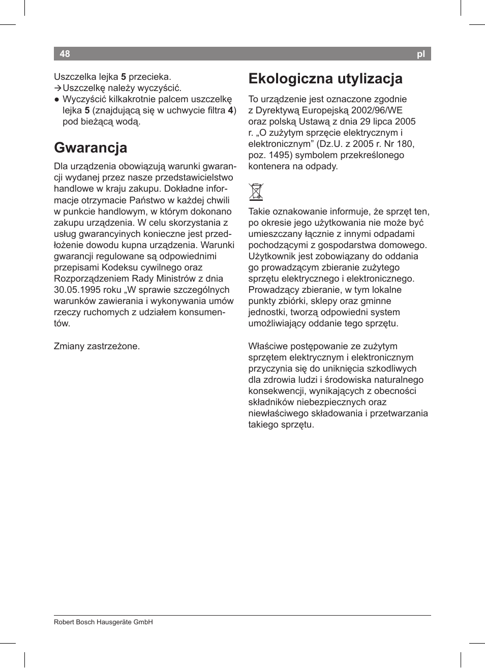 Gwarancja, Ekologiczna utylizacja | Bosch TKA8011 User Manual | Page 50 / 70