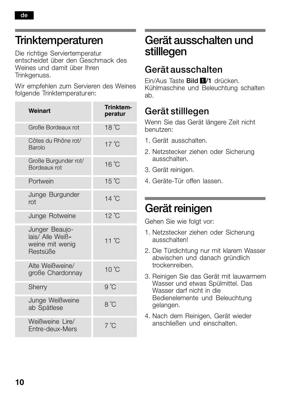 Trinktemperaturen, Gerät ausschalten und stilllegen, Gerät reinigen | Gerät ausschalten, Gerät stilllegen | Bosch KSW30V80 Cave à vin de conservation Confort User Manual | Page 10 / 62