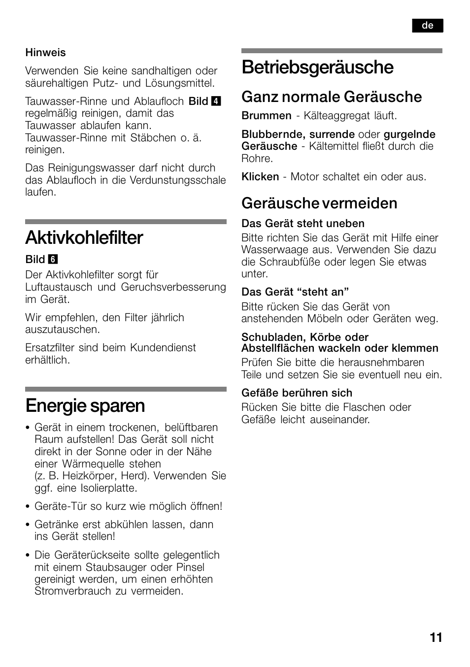Aktivkohlefilter, Energie sparen, Betriebsgeräusche | Ganz normale geräusche, Geräusche vermeiden | Bosch KSW30V80 Cave à vin de conservation Confort User Manual | Page 11 / 62