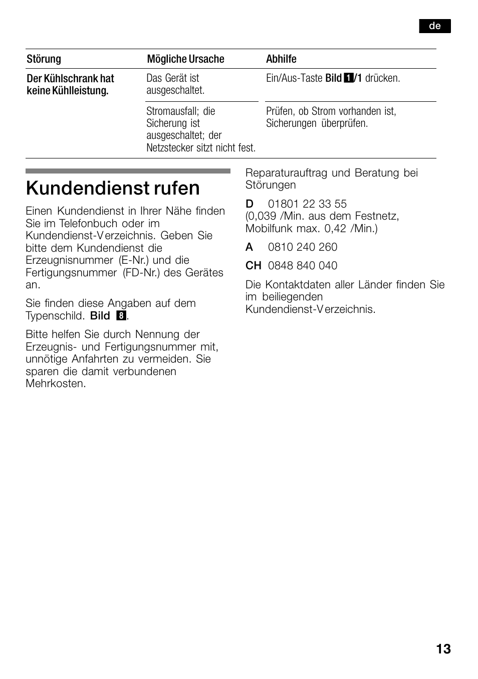 Kundendienst rufen, Kundendienst rufe | Bosch KSW30V80 Cave à vin de conservation Confort User Manual | Page 13 / 62