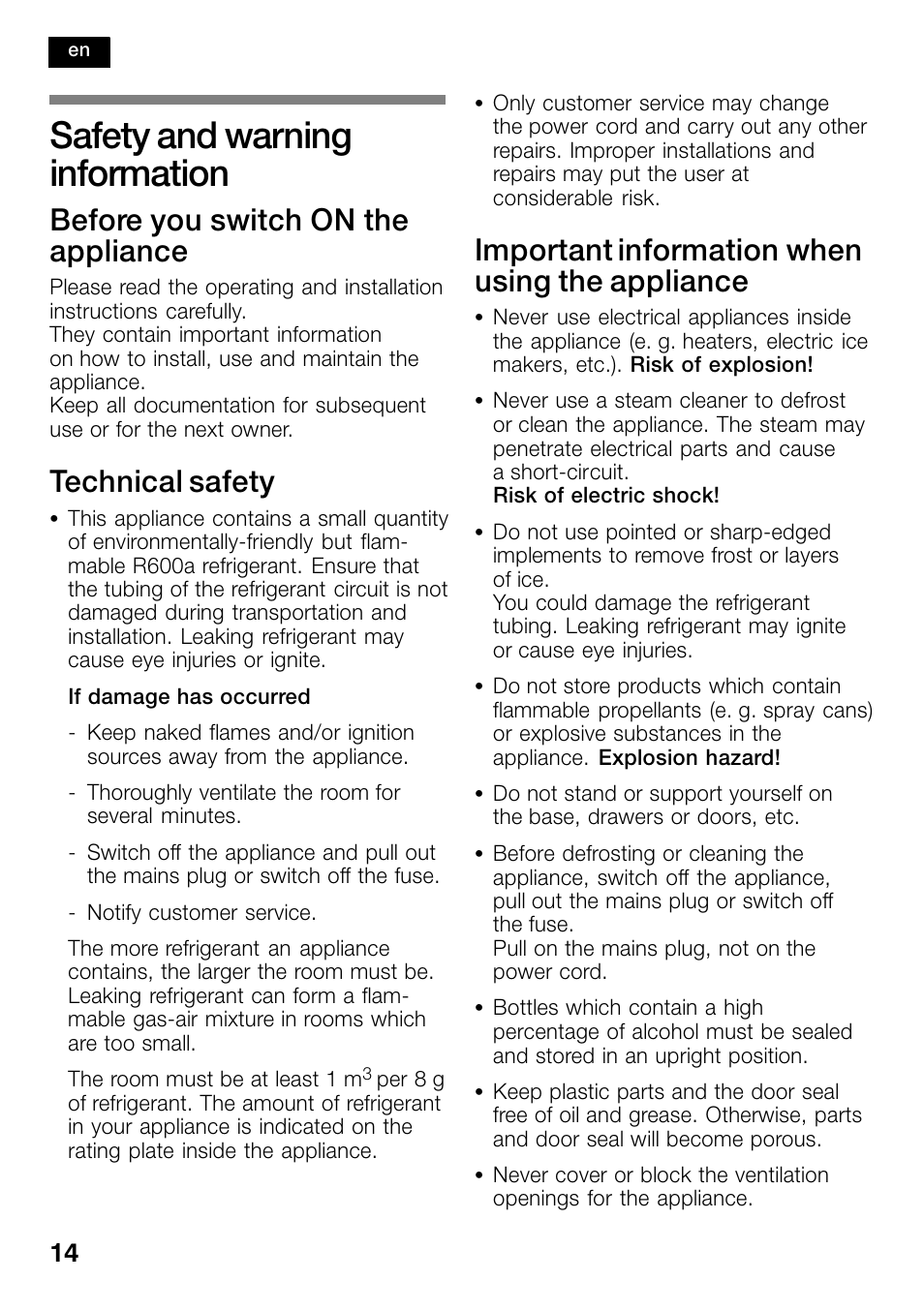 Safety and warning information, Before you switch on the appliance, Technical safety | Important information when using the appliance | Bosch KSW30V80 Cave à vin de conservation Confort User Manual | Page 14 / 62
