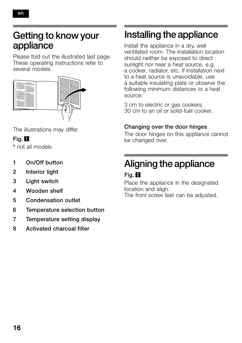 Getting to know your appliance, Installing the appliance, Aligning the appliance | Bosch KSW30V80 Cave à vin de conservation Confort User Manual | Page 16 / 62