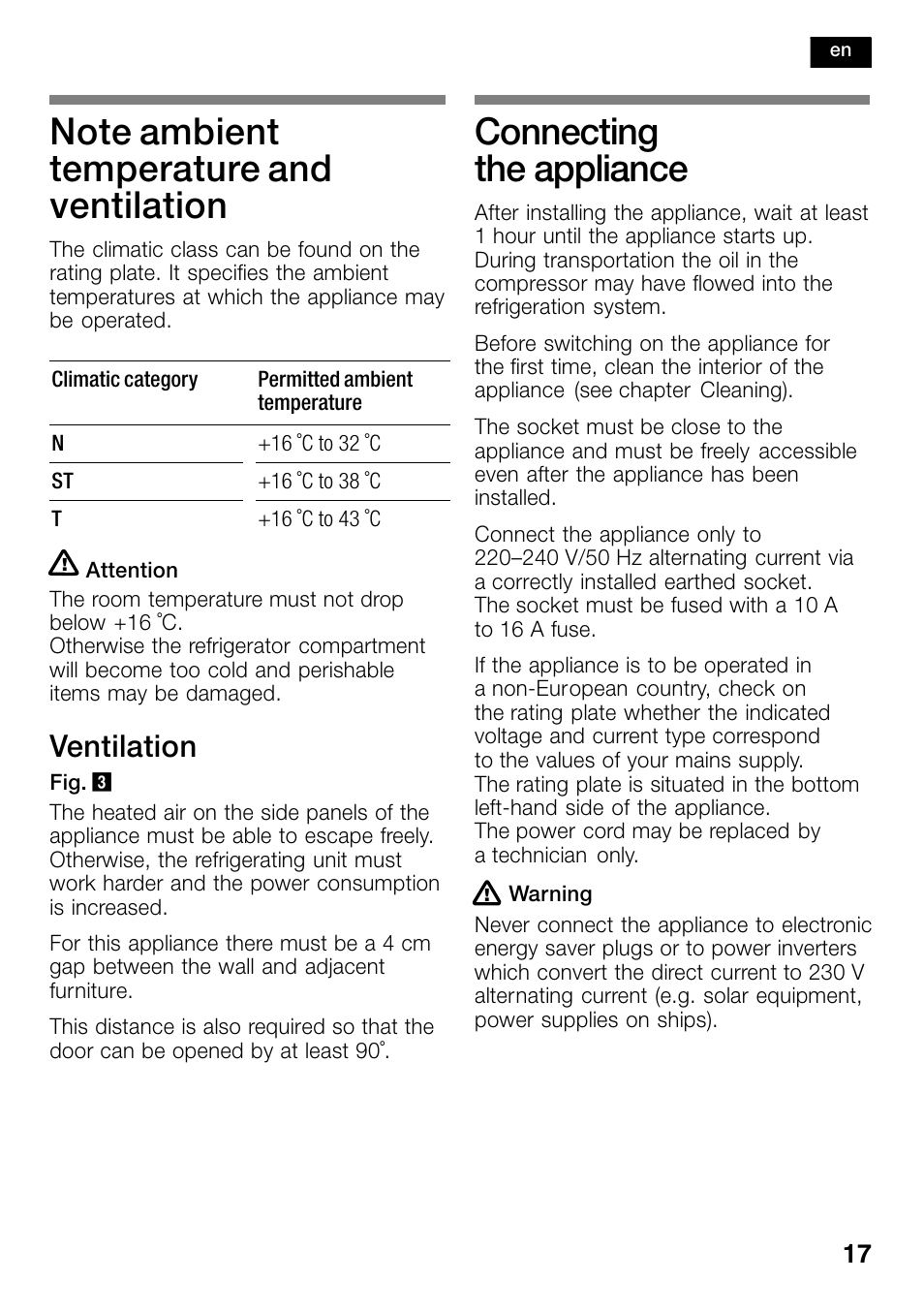 Note ambient temperature and ventilation, Connecting the appliance, Ventilation | Bosch KSW30V80 Cave à vin de conservation Confort User Manual | Page 17 / 62