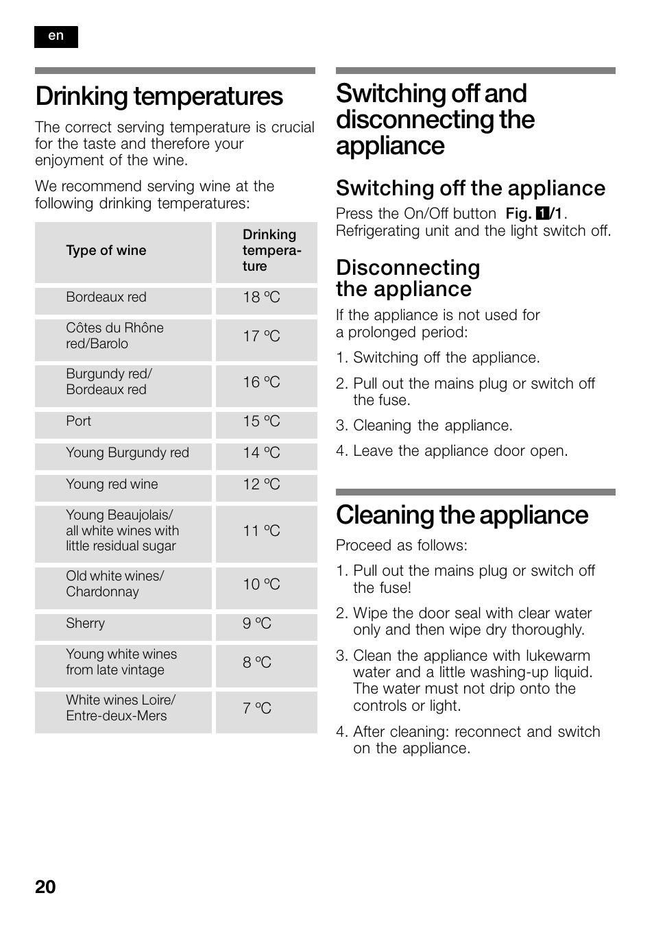 Drinking temperatures, Switching off and disconnecting the appliance, Cleaning the appliance | Switching off the appliance, Disconnecting the appliance | Bosch KSW30V80 Cave à vin de conservation Confort User Manual | Page 20 / 62