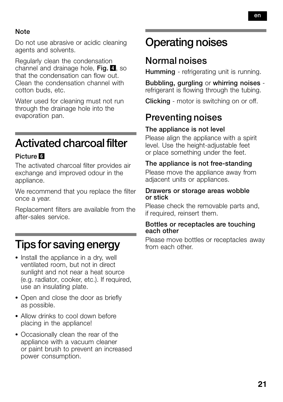 Activated charcoal filter, Tips for saving energy, Operating noises | Normal noises, Preventing noises | Bosch KSW30V80 Cave à vin de conservation Confort User Manual | Page 21 / 62