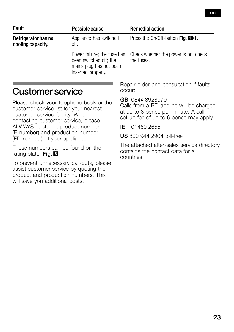 Customer service | Bosch KSW30V80 Cave à vin de conservation Confort User Manual | Page 23 / 62