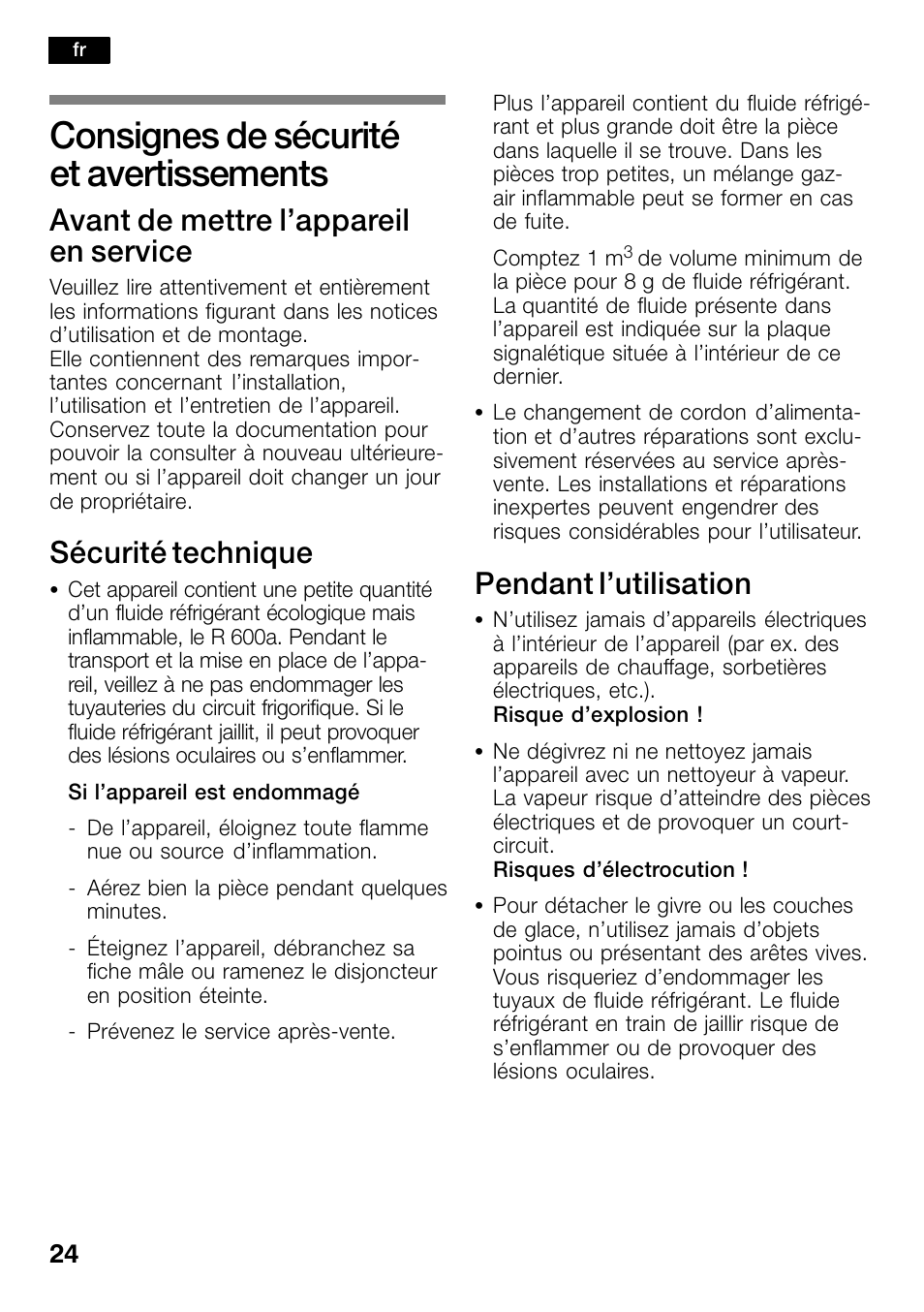 Consignes de sécurité et avertissements, Avant de mettre l’appareil en service, Sécurité technique | Pendant l’utilisation | Bosch KSW30V80 Cave à vin de conservation Confort User Manual | Page 24 / 62