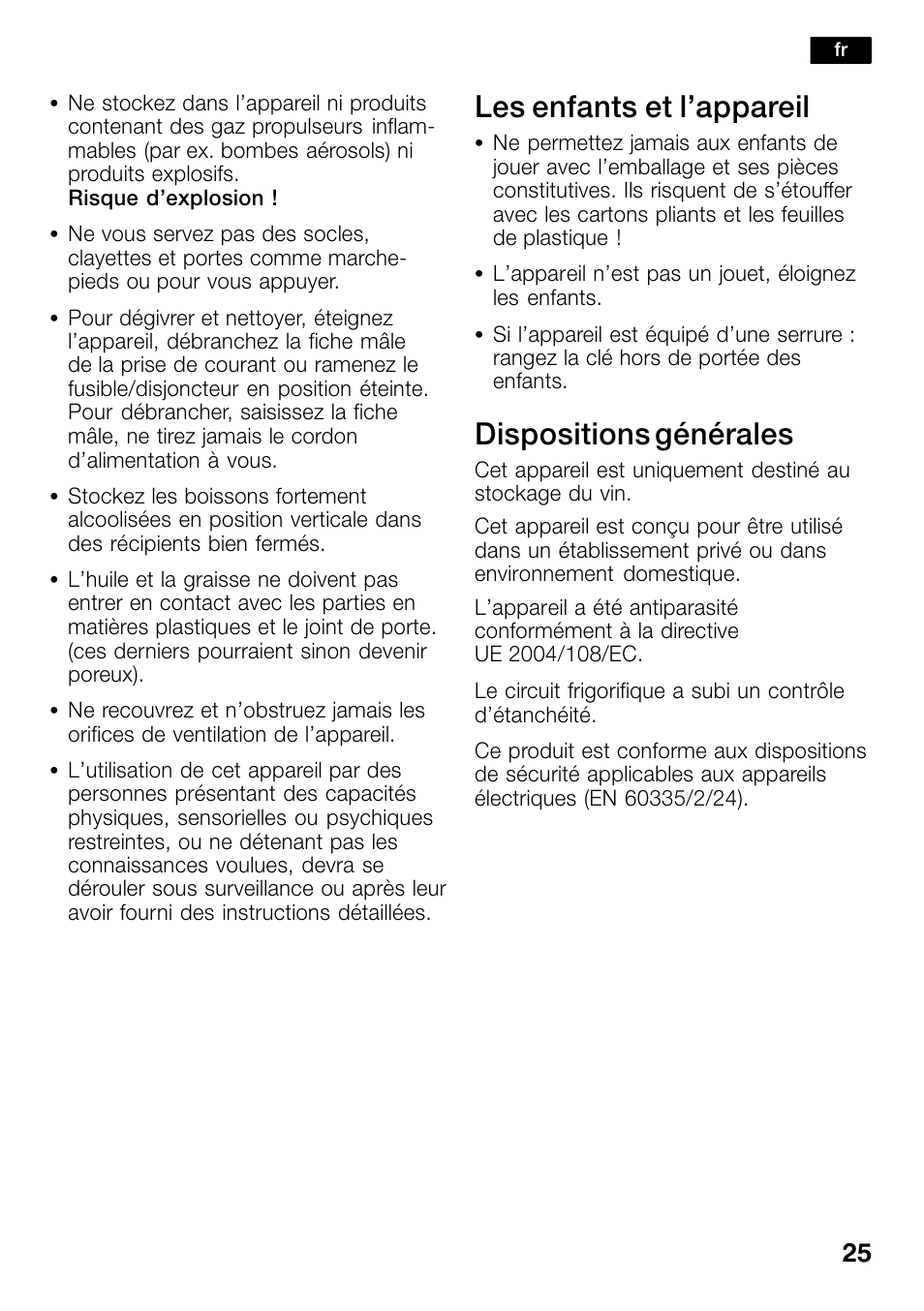Les enfants et l’appareil, Dispositions générales | Bosch KSW30V80 Cave à vin de conservation Confort User Manual | Page 25 / 62
