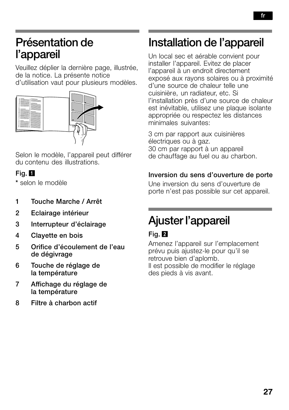 Présentation de l'appareil, Installation de l'appareil, Ajuster l'appareil | Présentation de l’appareil, Installation de l’appareil, Ajuster l’appareil | Bosch KSW30V80 Cave à vin de conservation Confort User Manual | Page 27 / 62