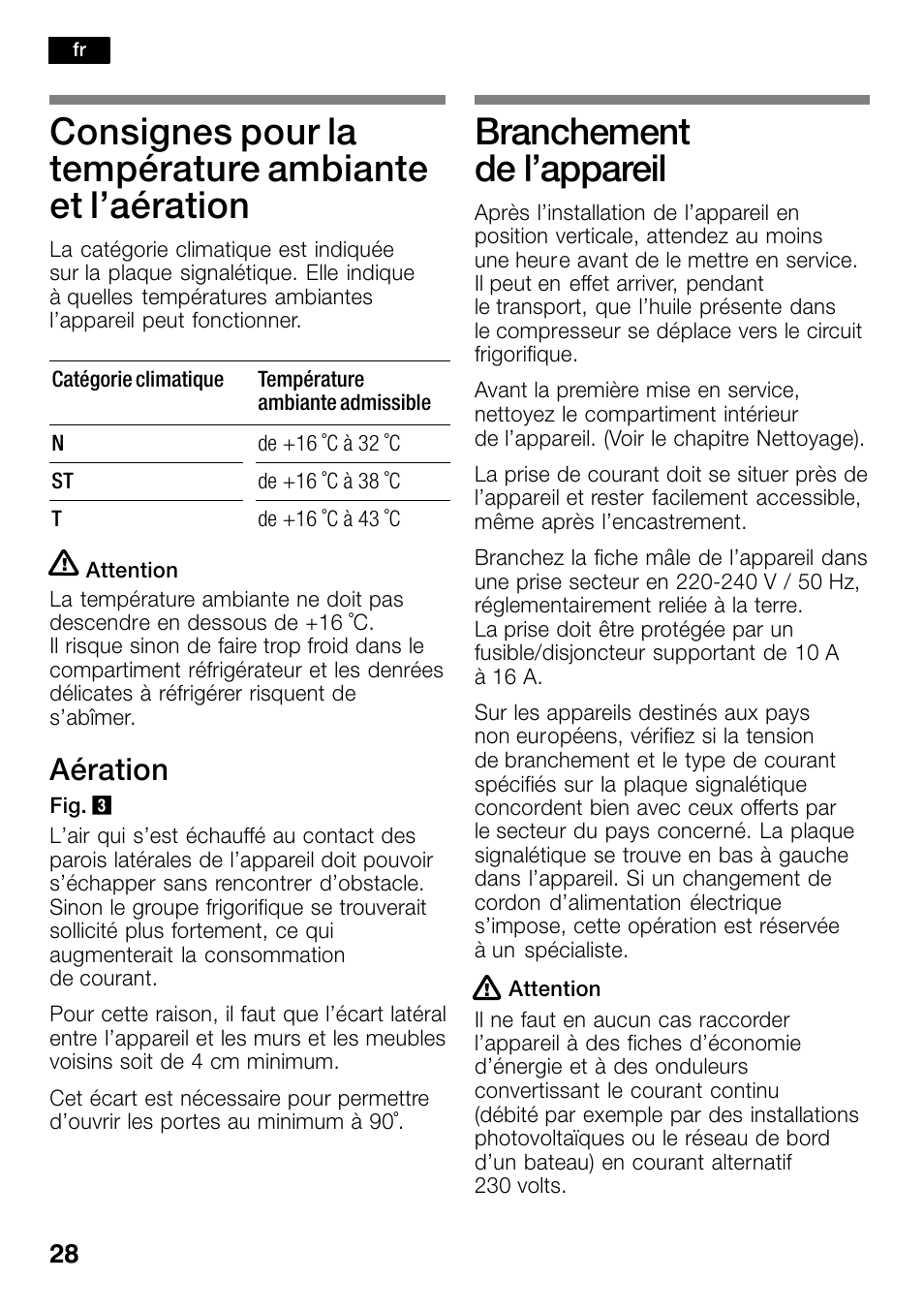 Branchement de l'appareil, Branchement de l’appareil, Aération | Bosch KSW30V80 Cave à vin de conservation Confort User Manual | Page 28 / 62