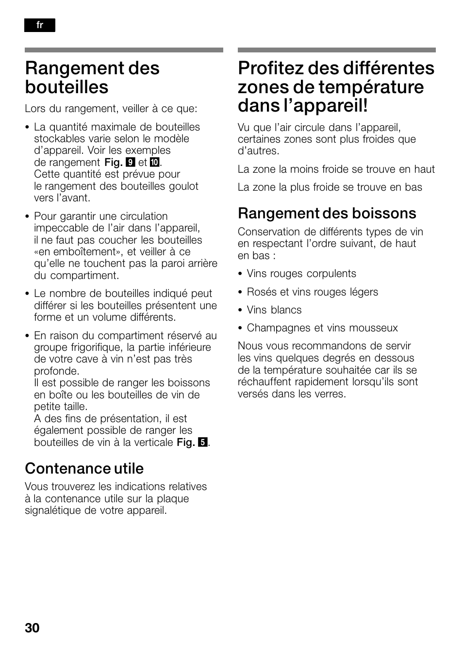 Rangement des bouteilles, Contenance utile, Rangement des boissons | Bosch KSW30V80 Cave à vin de conservation Confort User Manual | Page 30 / 62