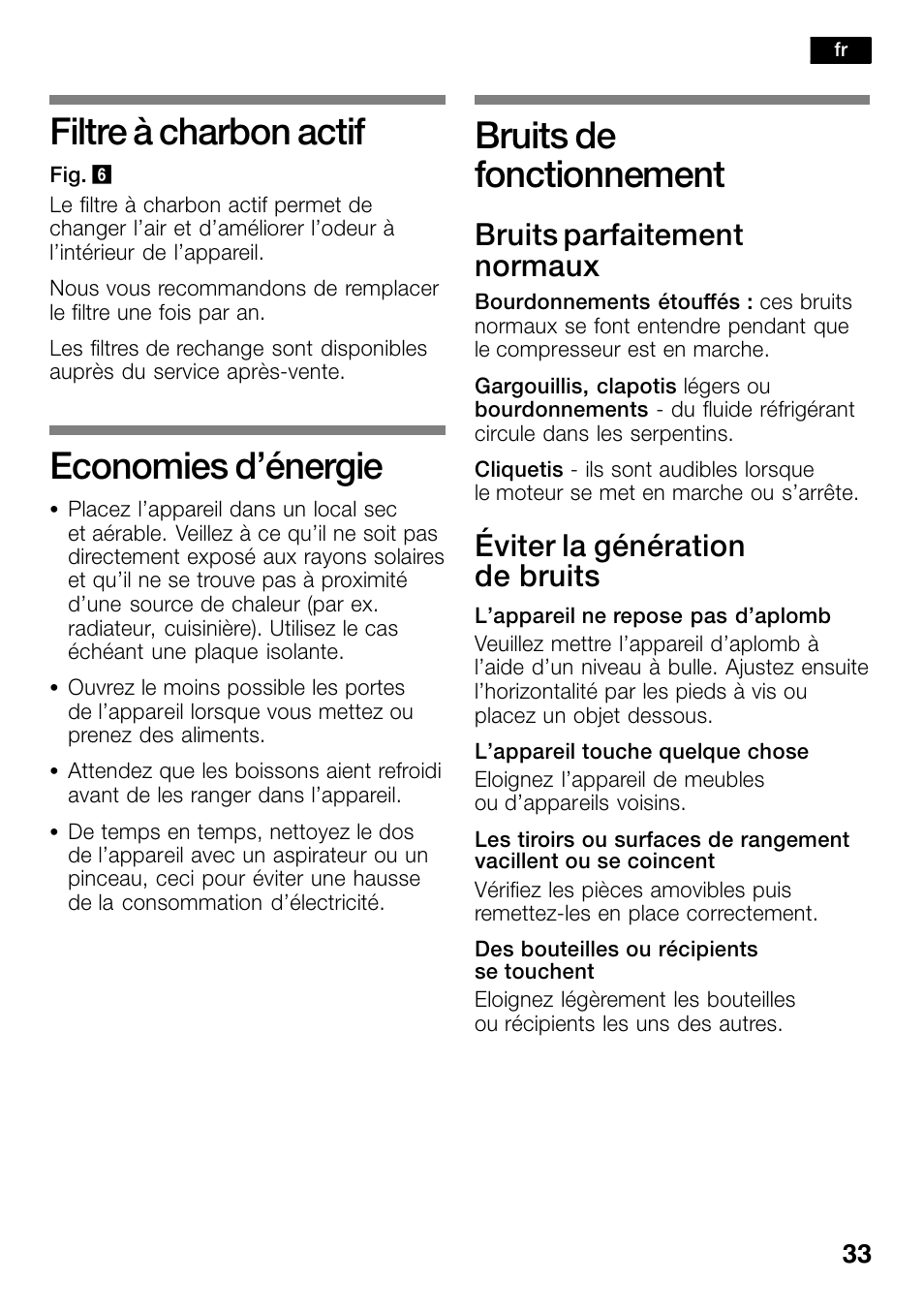 Filtre à charbon actif, Economies d'énergie, Bruits de fonctionnement | Economies d’énergie, Bruits parfaitement normaux, Éviter la génération de bruits | Bosch KSW30V80 Cave à vin de conservation Confort User Manual | Page 33 / 62