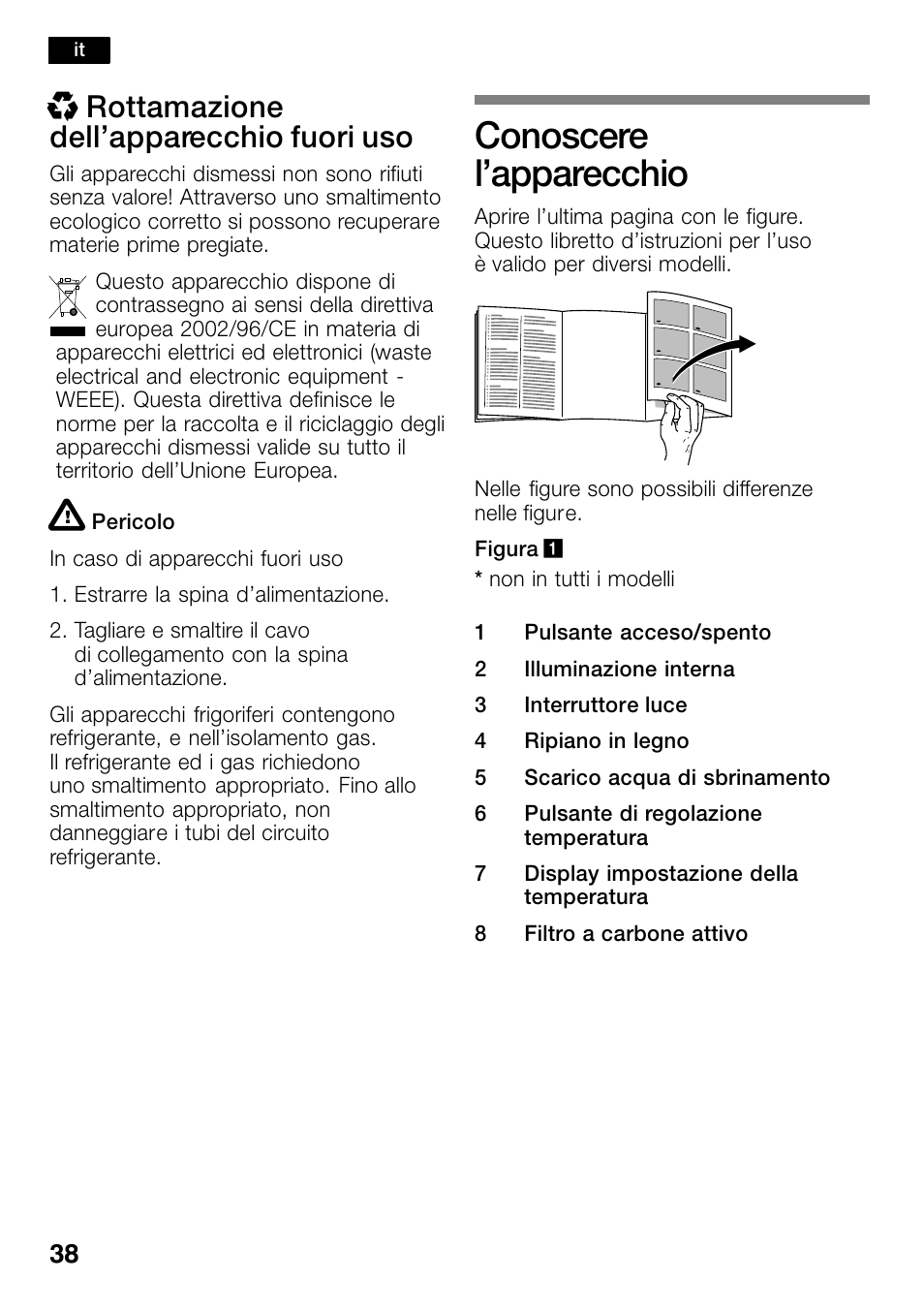 Conoscere l'apparecchio, Conoscere l’apparecchio, X rottamazione dell’apparecchio fuori uso | Bosch KSW30V80 Cave à vin de conservation Confort User Manual | Page 38 / 62