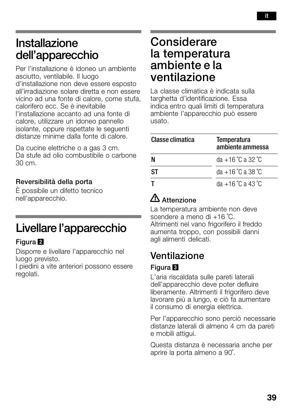 Installazione dell'apparecchio, Livellare l'apparecchio, Installazione dell’apparecchio | Livellare l’apparecchio, Ventilazione | Bosch KSW30V80 Cave à vin de conservation Confort User Manual | Page 39 / 62