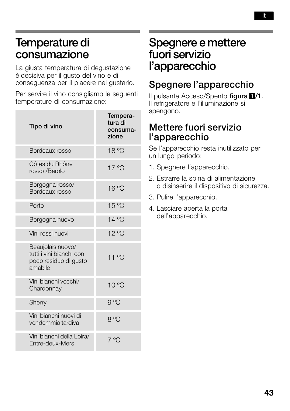 Temperature di consumazione, Spegnere e mettere fuori servizio l'apparecchio, Spegnere e mettere fuori servizio l’apparecchio | Spegnere l’apparecchio, Mettere fuori servizio l’apparecchio | Bosch KSW30V80 Cave à vin de conservation Confort User Manual | Page 43 / 62