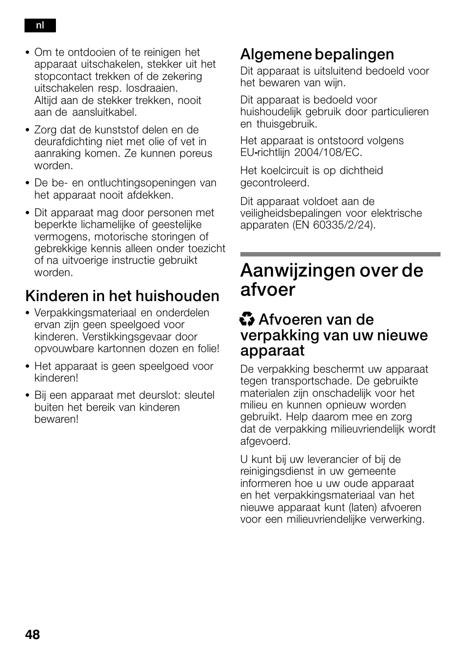 Aanwijzingen over de afvoer, Kinderen in het huishouden, Algemene bepalingen | Bosch KSW30V80 Cave à vin de conservation Confort User Manual | Page 48 / 62