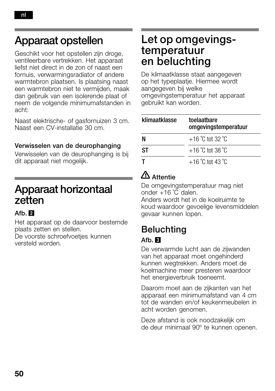 Apparaat opstellen, Apparaat horizontaal zetten, Let op omgevingsć temperatuur en beluchting | Let op omgevingstemperatuur en beluchting, Beluchting | Bosch KSW30V80 Cave à vin de conservation Confort User Manual | Page 50 / 62
