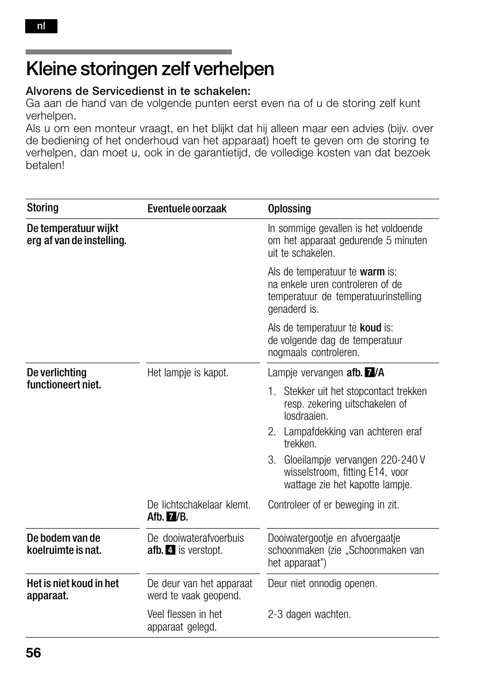 Kleine storingen zelf verhelpen | Bosch KSW30V80 Cave à vin de conservation Confort User Manual | Page 56 / 62
