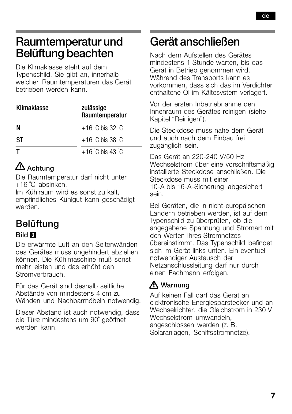 Raumtemperatur und belüftung beachten, Gerät anschließen, Belüftung | Bosch KSW30V80 Cave à vin de conservation Confort User Manual | Page 7 / 62