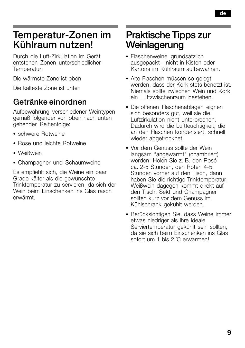 Temperatur-zonen im kühlraum nutzen, Praktische tipps zur weinlagerung, Temperaturćzonen im kühlraum nutzen | Getränke einordnen | Bosch KSW30V80 Cave à vin de conservation Confort User Manual | Page 9 / 62