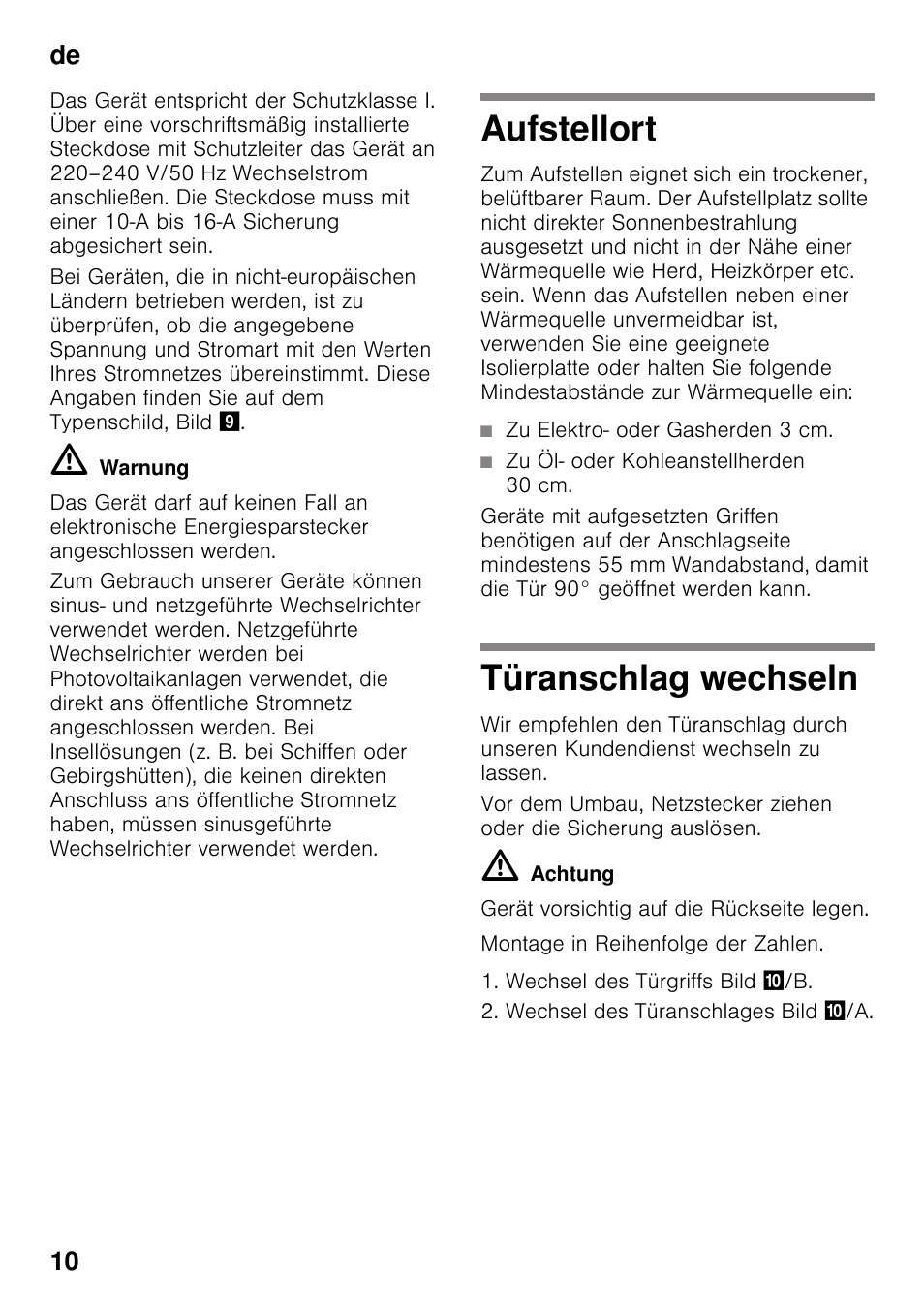 Aufstellort, Türanschlag wechseln, Aufstellort türanschlag wechseln | De 10 | Bosch KDN32X45 Réfrigérateur-congélateur 2 portes Confort User Manual | Page 10 / 95