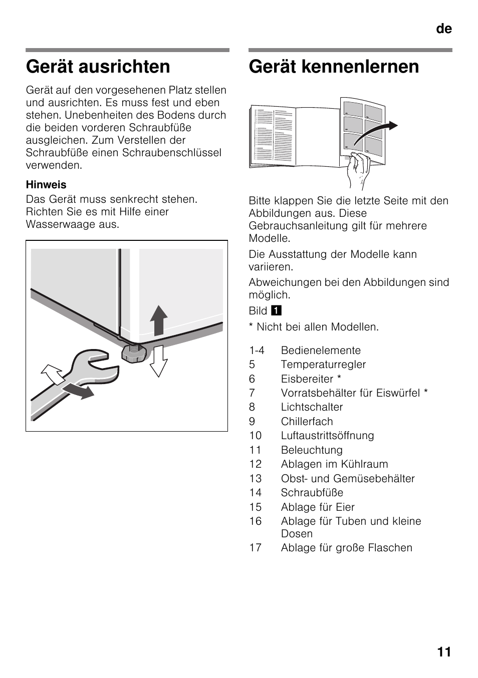 Gerät ausrichten, Gerät kennenlernen, Gerät ausrichten gerät kennenlernen | De 11 | Bosch KDN32X45 Réfrigérateur-congélateur 2 portes Confort User Manual | Page 11 / 95