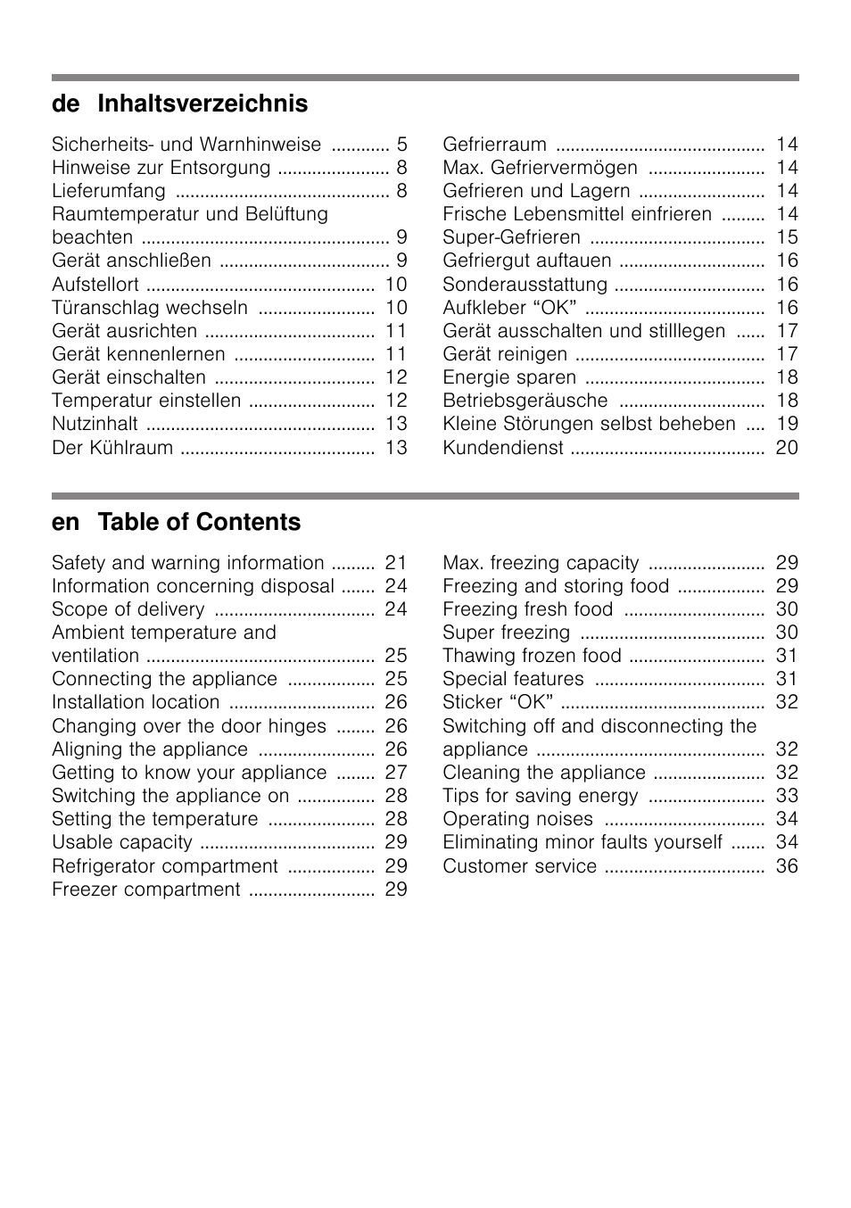 De inhaltsverzeichnis, En table of contents | Bosch KDN32X45 Réfrigérateur-congélateur 2 portes Confort User Manual | Page 2 / 95