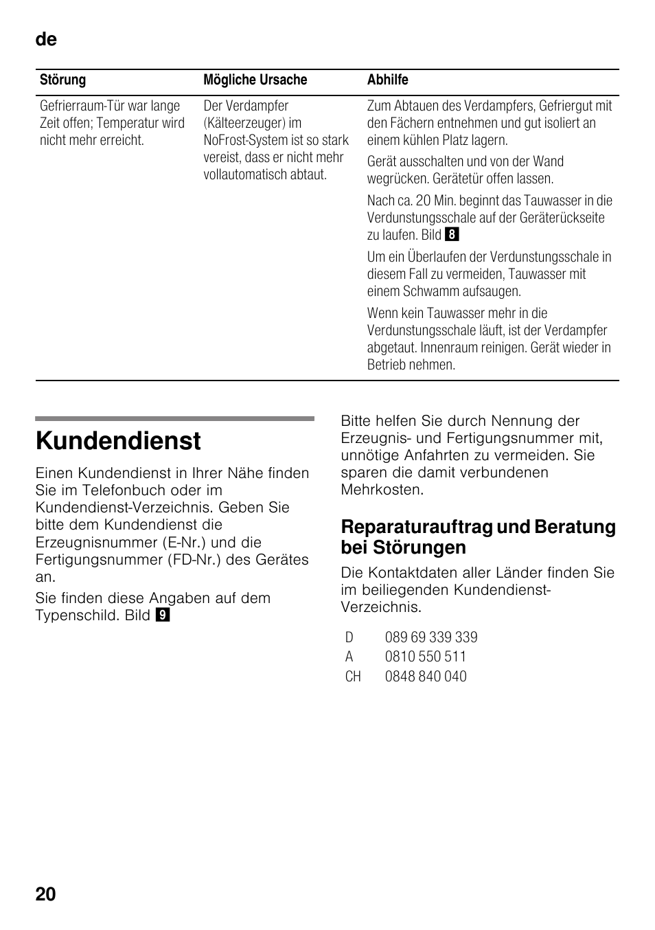 Kundendienst, Reparaturauftrag und beratung bei störungen, De 20 | Bosch KDN32X45 Réfrigérateur-congélateur 2 portes Confort User Manual | Page 20 / 95