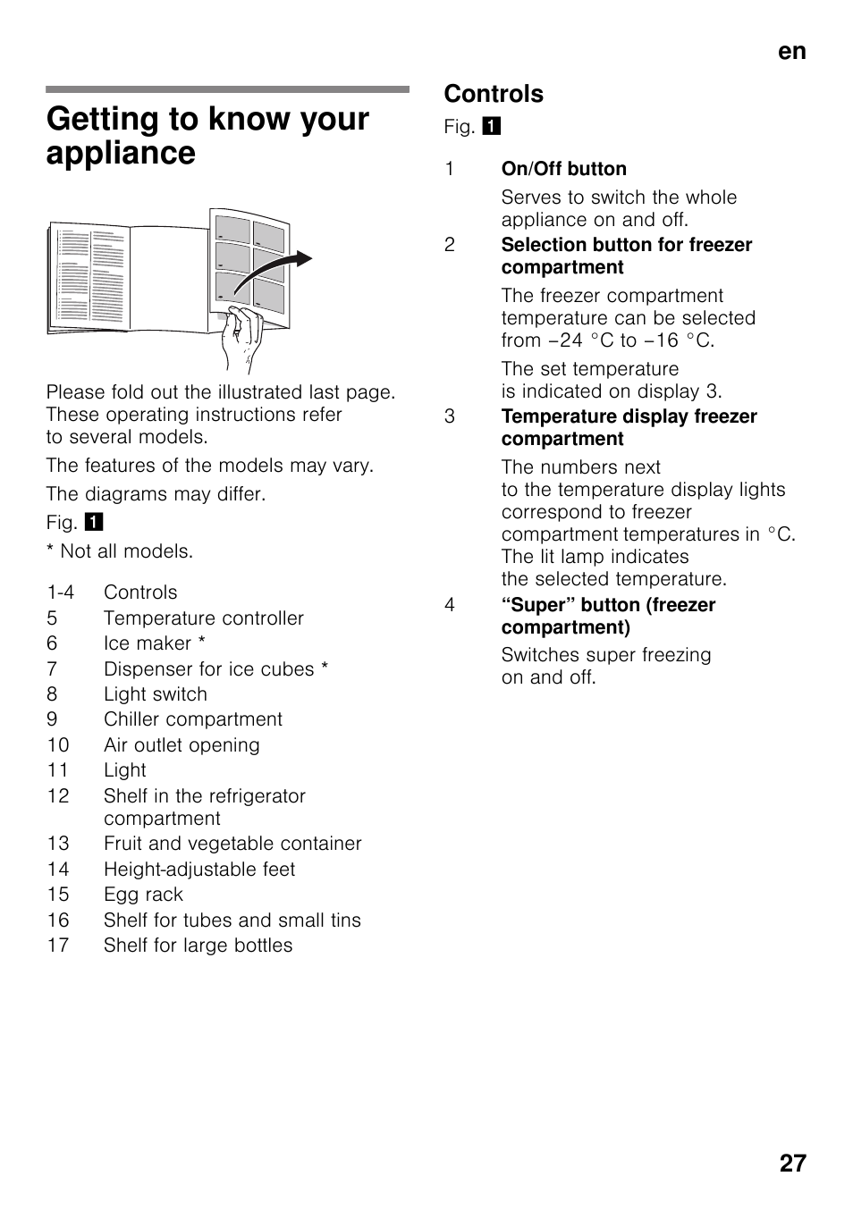 Getting to know your appliance, Controls, En 27 | Bosch KDN32X45 Réfrigérateur-congélateur 2 portes Confort User Manual | Page 27 / 95