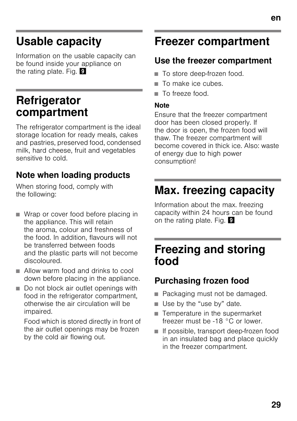 Usable capacity, Refrigerator compartment, Note when loading products | Freezer compartment, Use the freezer compartment, Max. freezing capacity, Freezing and storing food, Purchasing frozen food, Max. freezing capacity freezing and storing food, En 29 | Bosch KDN32X45 Réfrigérateur-congélateur 2 portes Confort User Manual | Page 29 / 95