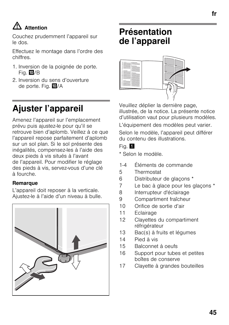 Ajuster l’appareil, Présentation de l’appareil, Ajuster l’appareil présentation de l’appareil | Fr 45 | Bosch KDN32X45 Réfrigérateur-congélateur 2 portes Confort User Manual | Page 45 / 95
