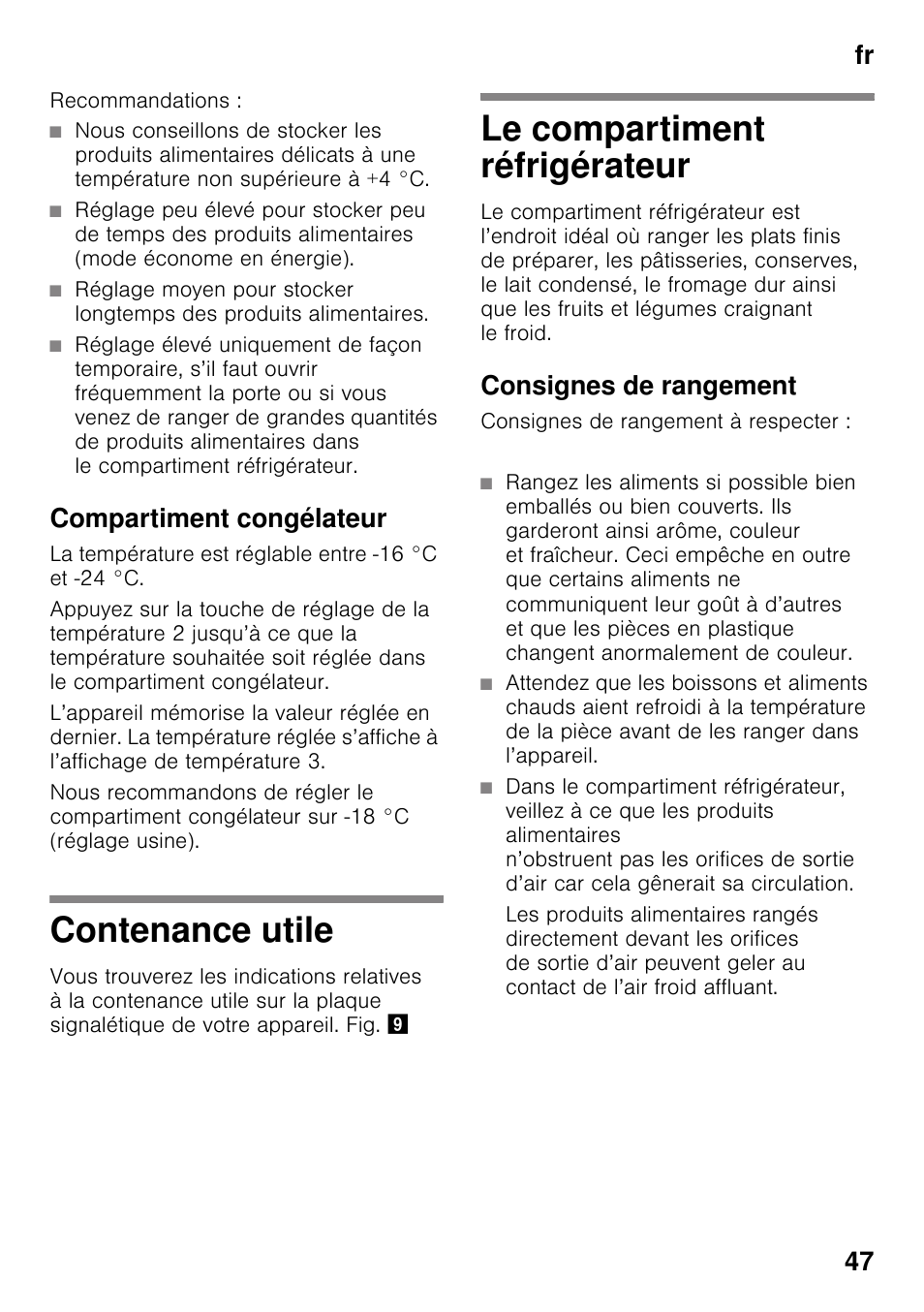 Compartiment congélateur, Contenance utile, Le compartiment réfrigérateur | Consignes de rangement, Fr 47 | Bosch KDN32X45 Réfrigérateur-congélateur 2 portes Confort User Manual | Page 47 / 95