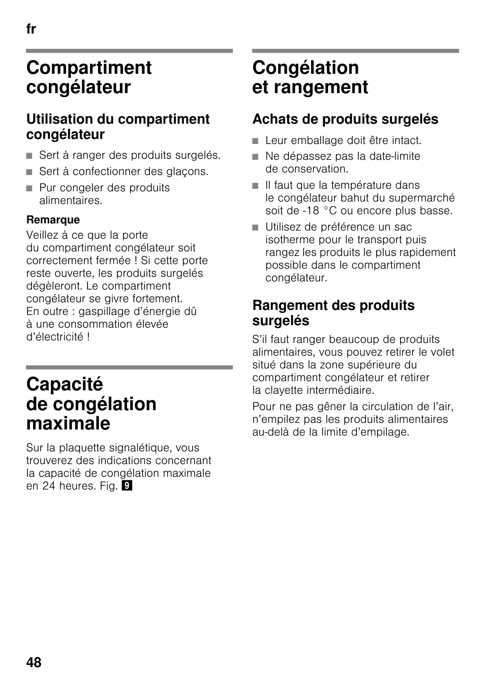 Compartiment congélateur, Utilisation du compartiment congélateur, Capacité de congélation maximale | Congélation et rangement, Achats de produits surgelés, Rangement des produits surgelés, Fr 48 | Bosch KDN32X45 Réfrigérateur-congélateur 2 portes Confort User Manual | Page 48 / 95