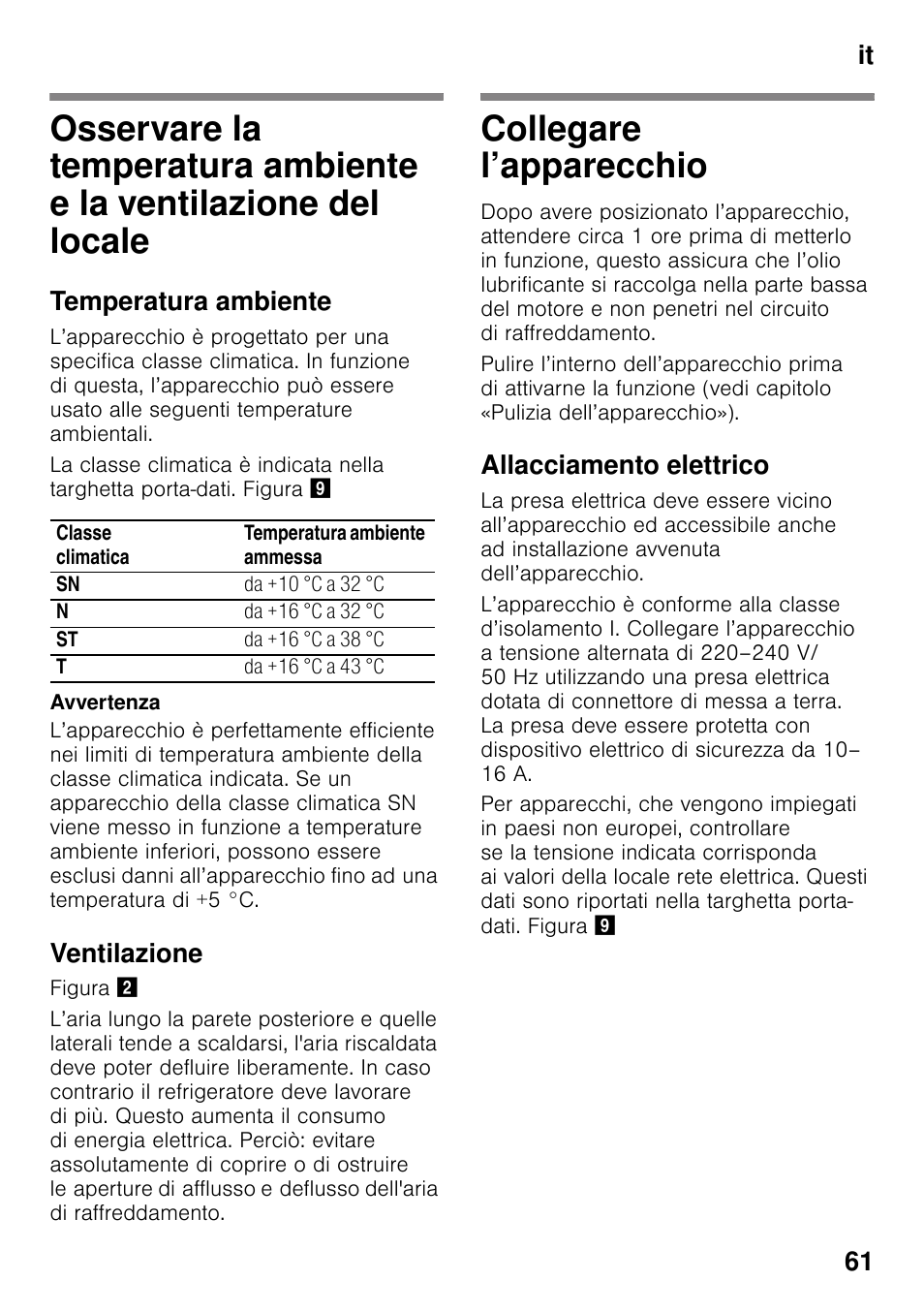 Temperatura ambiente, Ventilazione, Collegare l’apparecchio | Allacciamento elettrico, It 61 | Bosch KDN32X45 Réfrigérateur-congélateur 2 portes Confort User Manual | Page 61 / 95